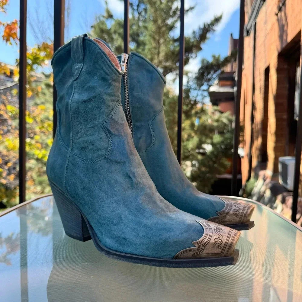 New Free People Brayden Western Leather Ankle Boots Blue 6.5 - Picture 4 of 12